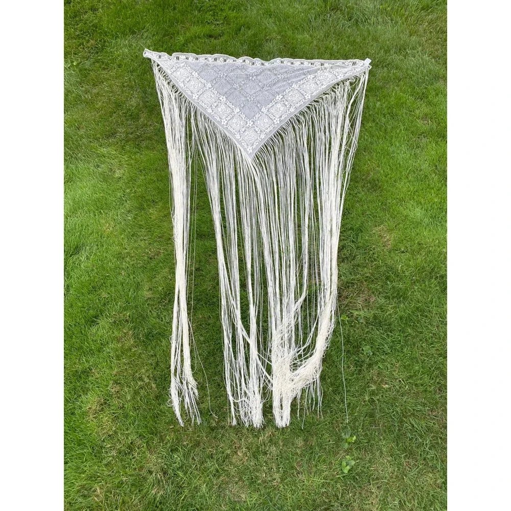 Vintage Lace Curtain Panel Fringe 58x85 White Shabby Chic Patchwork Boho Cottage